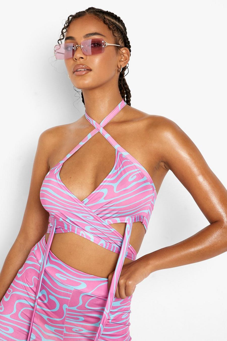 Purple violet Marble Printed Cross Front Strappy Bralet