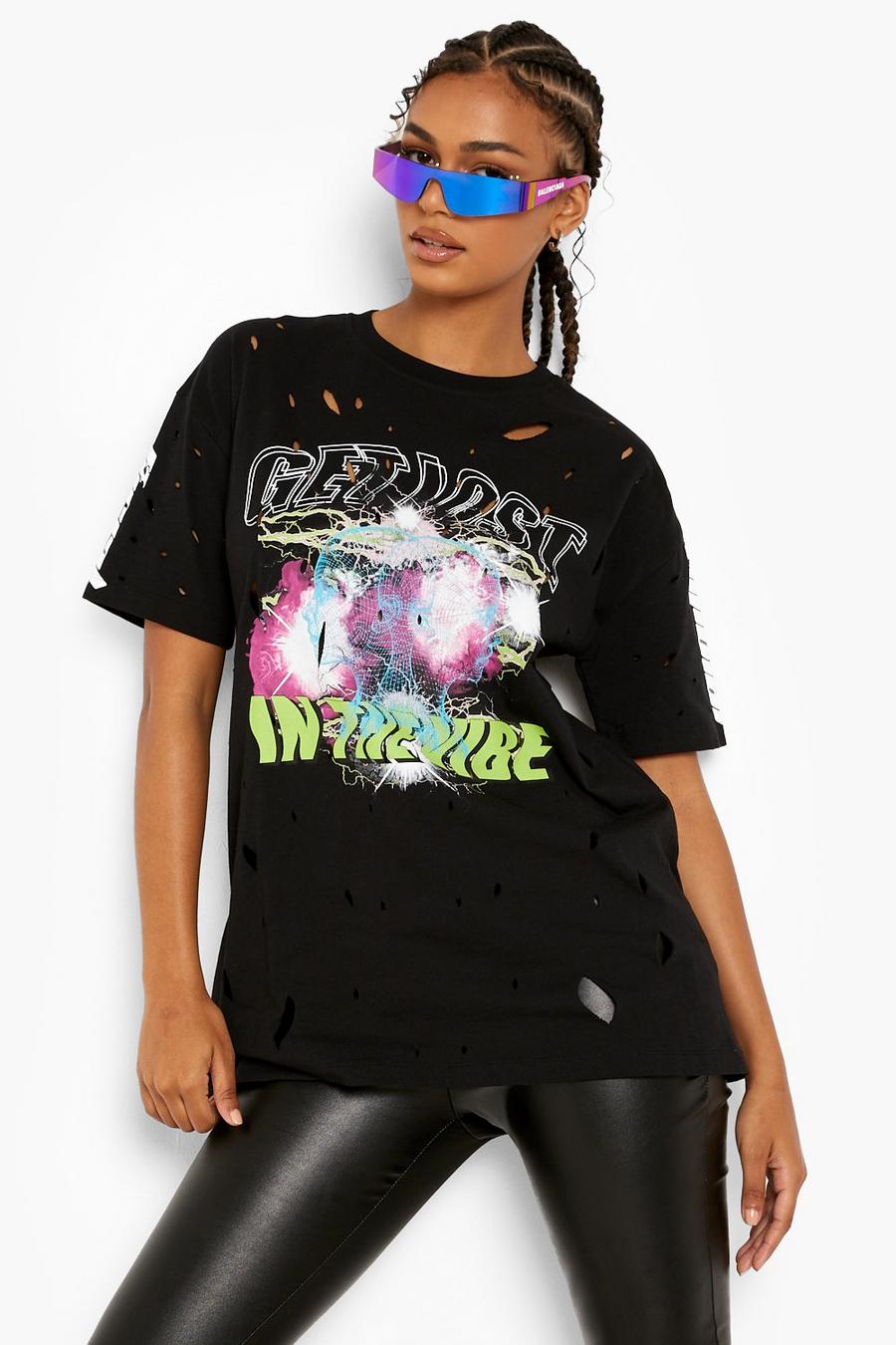 Black Oversized Distressed Graphic T-Shirt image number 1