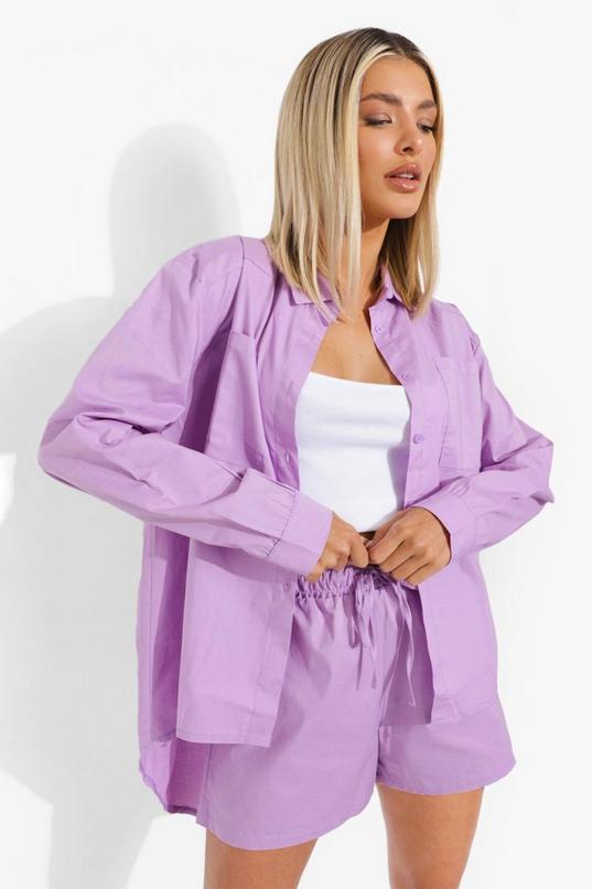 Women's Purple Cotton Poplin Oversized Shirt & Mansy Shorts | Boohoo UK