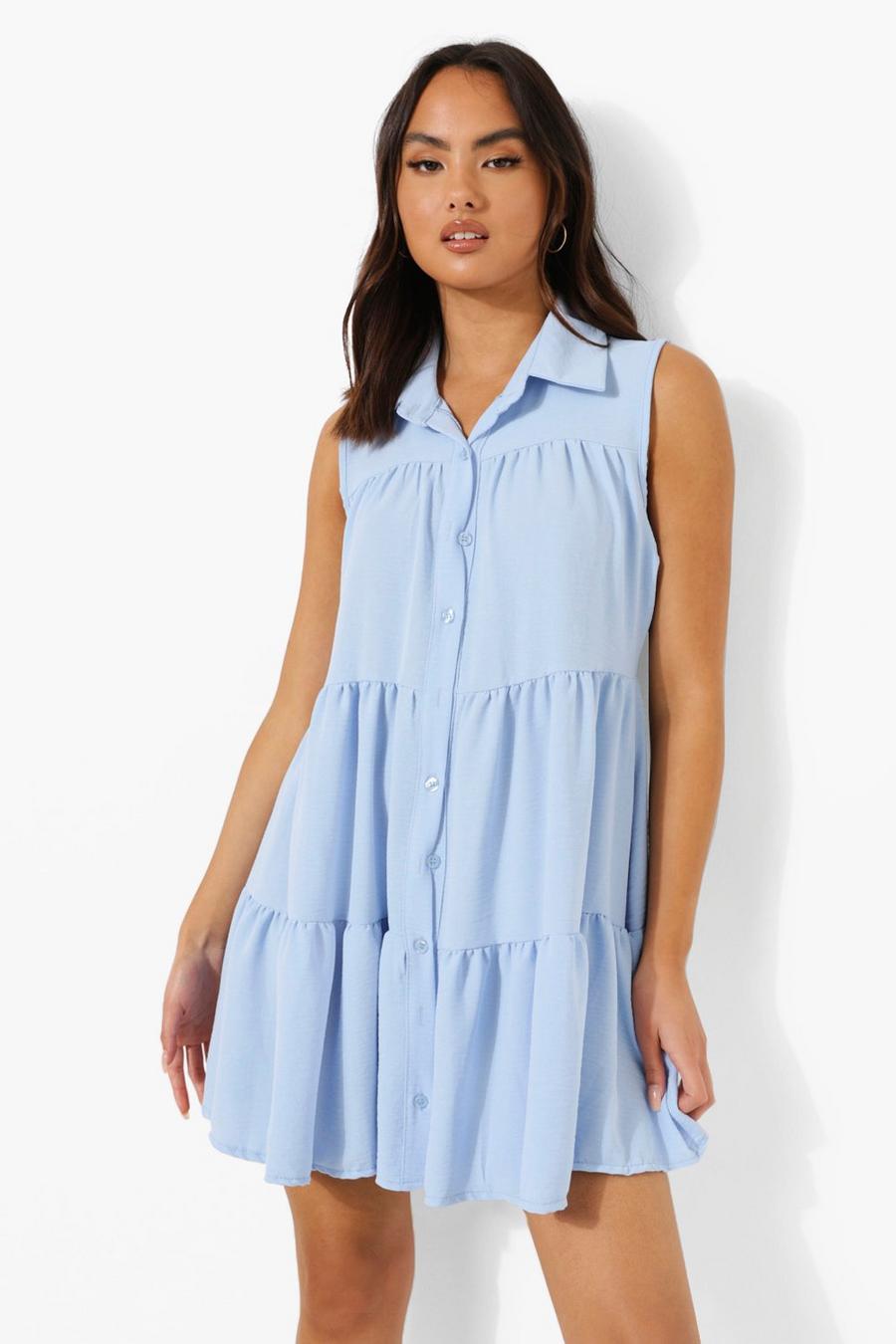 Powder blue Sleeveless Tiered Smock Shirt Dress image number 1