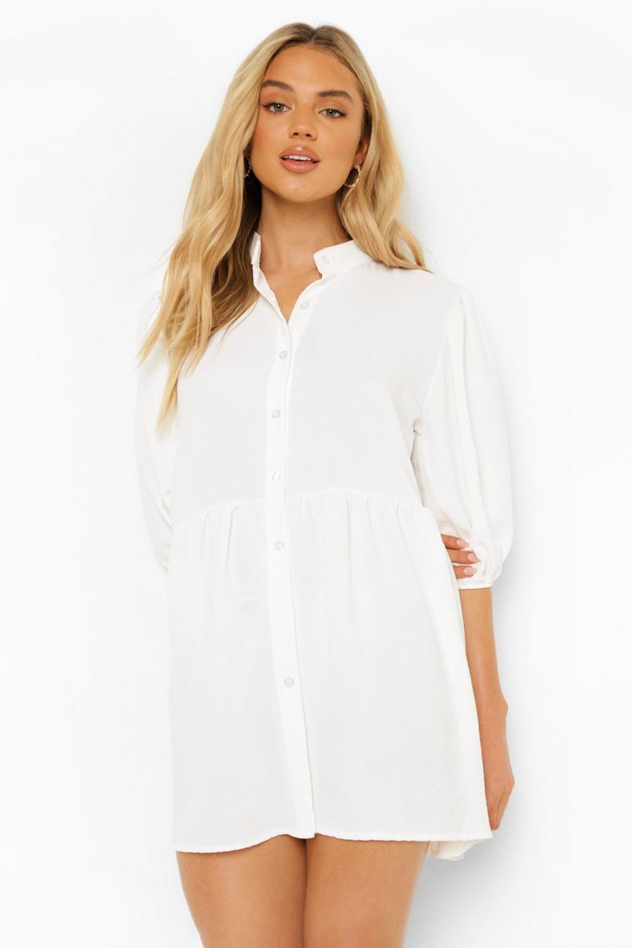 Ivory Tiered Balloon Sleeve Smock Shirt Dress image number 1