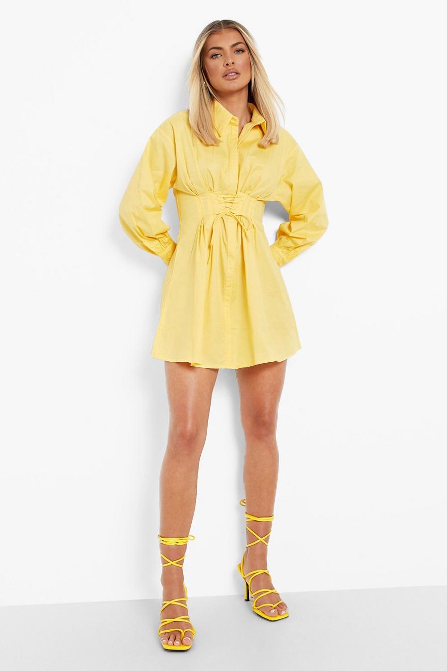 Lemon gelb Lace Up Corset Detail Shirt Dress