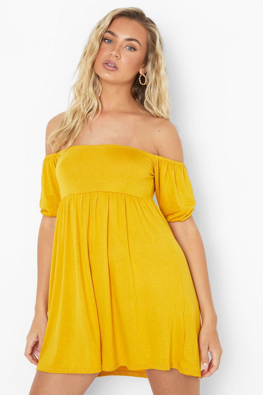 Mustard Off The Shoulder Puff Sleeve Swing Dress image number 1