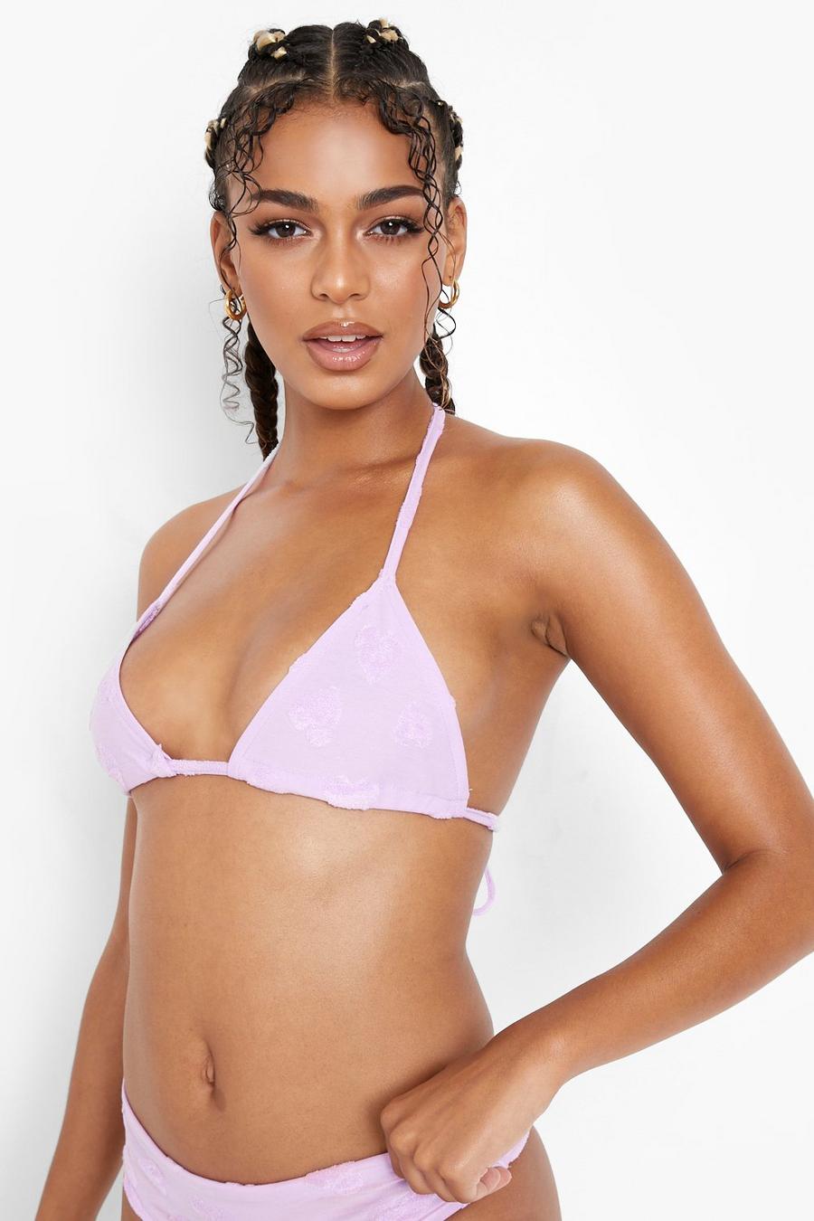 Lilac violet Towelling Embossed Triangle Bikini Top