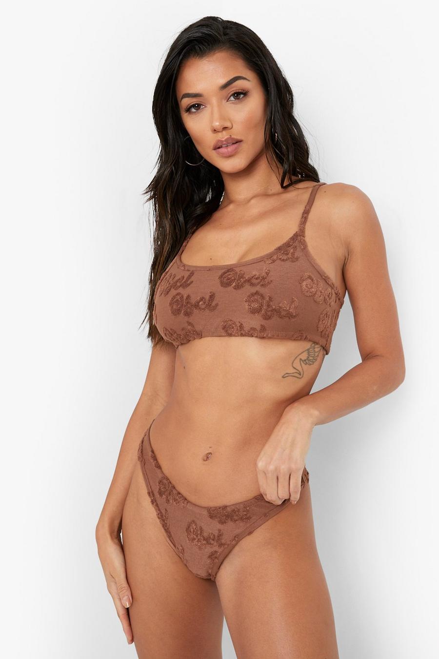 Chocolate Towelling Embossed Strappy Bikini Top image number 1