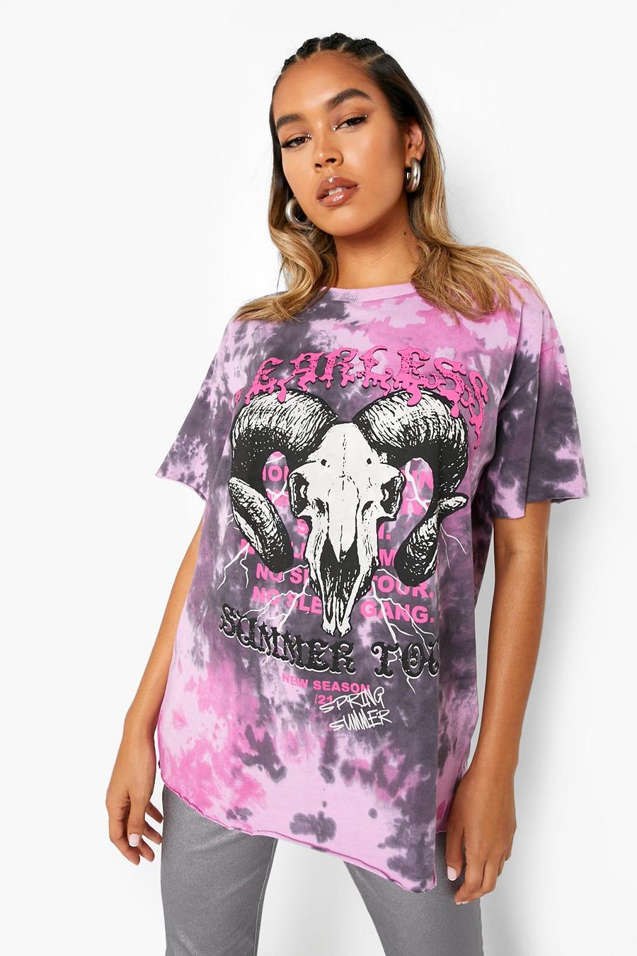Camiseta oversize con desteñido anudado y estampado de grupo de música, Purple image number 1