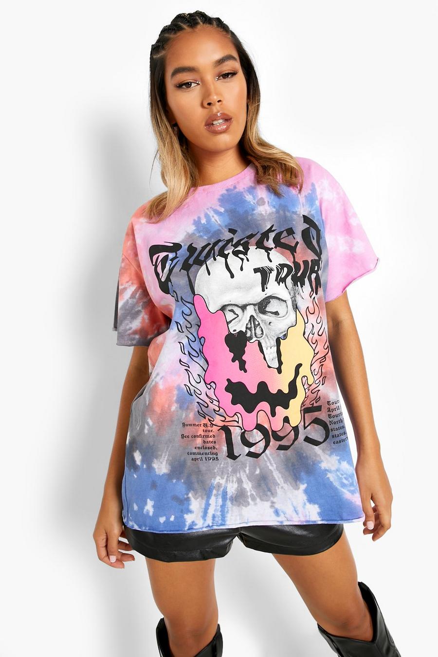 Camiseta oversize con desteñido anudado y estampado de grupo de música, Multicolor image number 1