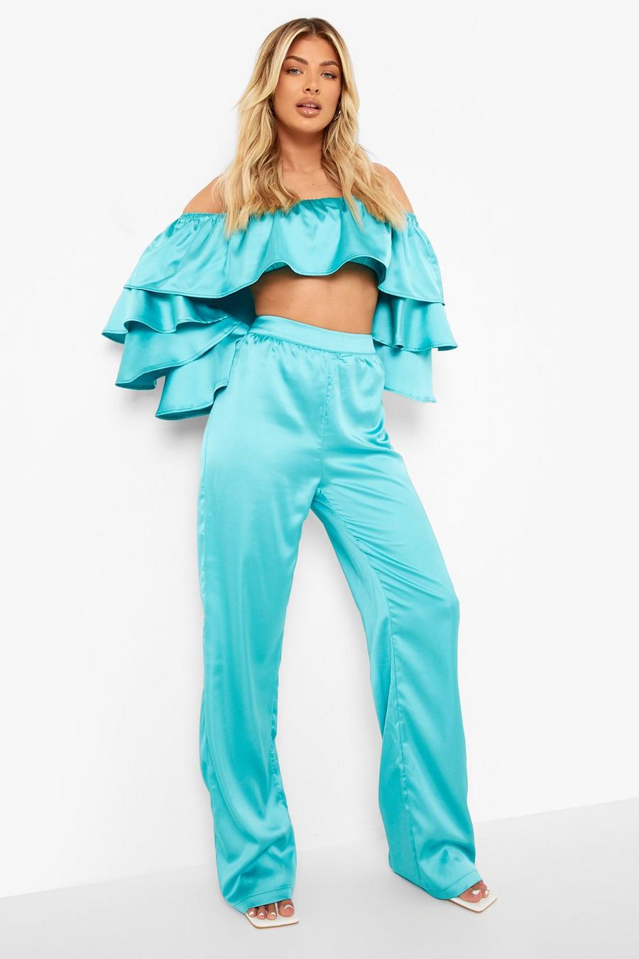 Blue Satin Wide Leg Trousers image number 1