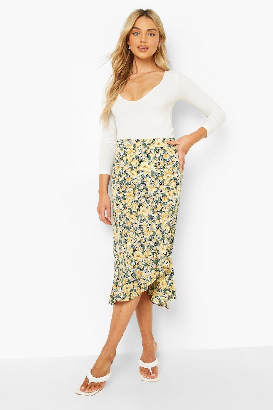 Yellow Woven Frill Hem Floral Midi Skirt image number 1