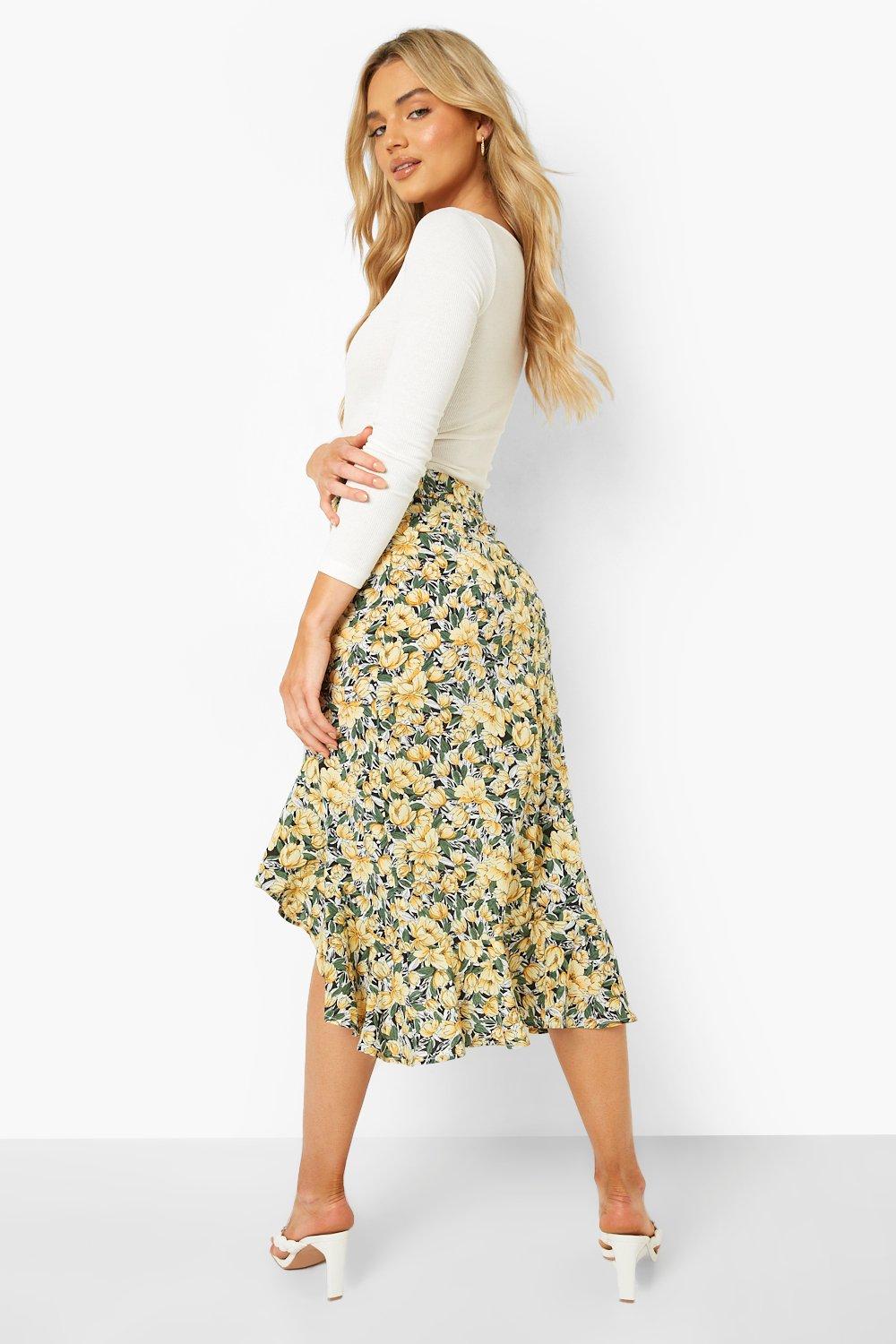 Woven Frill Hem Floral Midi Skirt boohoo NZ