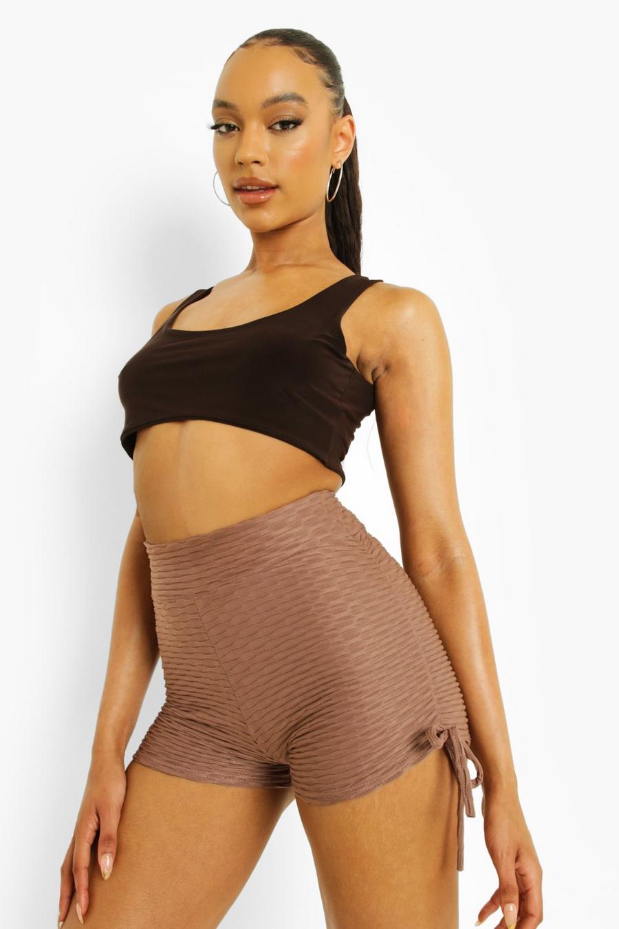 Mocha Ruched Shorter Textured Cycling Shorts image number 1