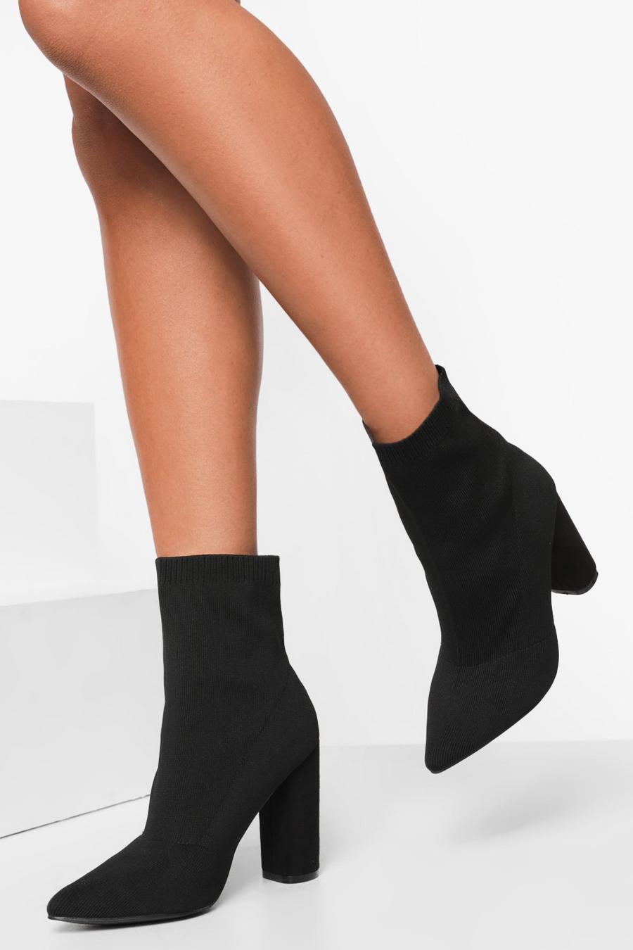 Black Knitted Block Heel Sock Boots image number 1
