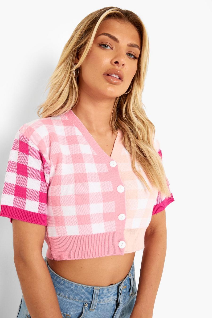 Pink Gingham Color Block Short Sleeve Cardigan image number 1