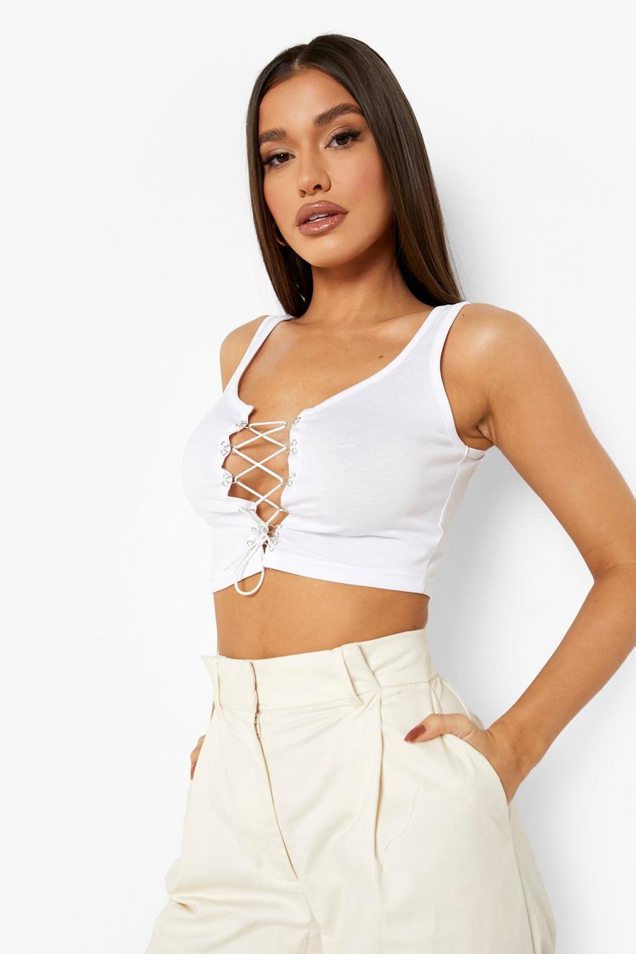 Crop top style corset avec lacets, White image number 1