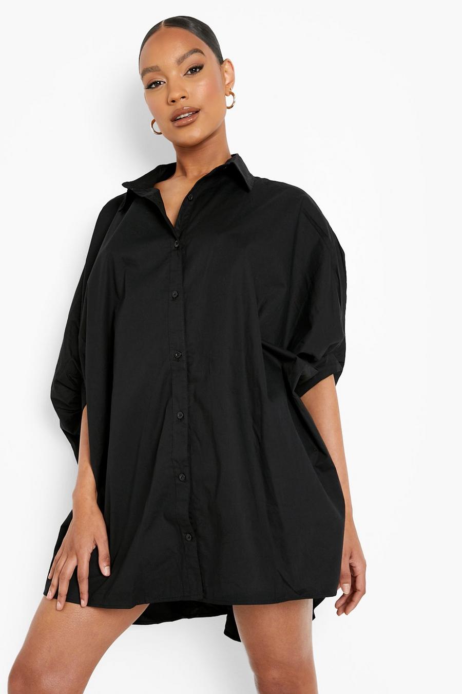 Black Oversized Batwing Sleeve Shirt Dress image number 1