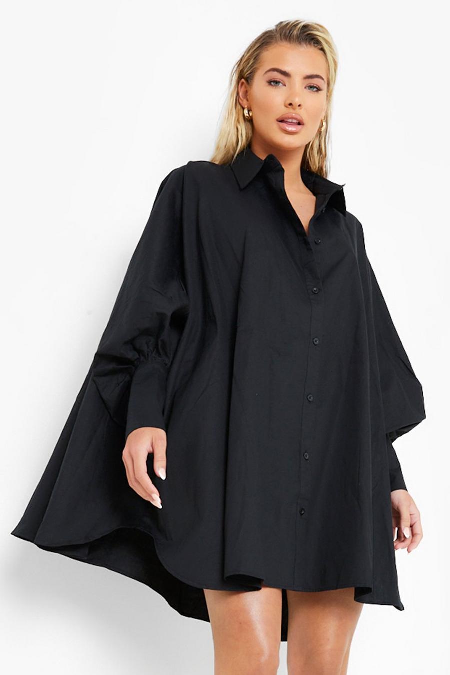 Vestido camisero oversize con mangas de globo estilo murciélago, Black negro image number 1