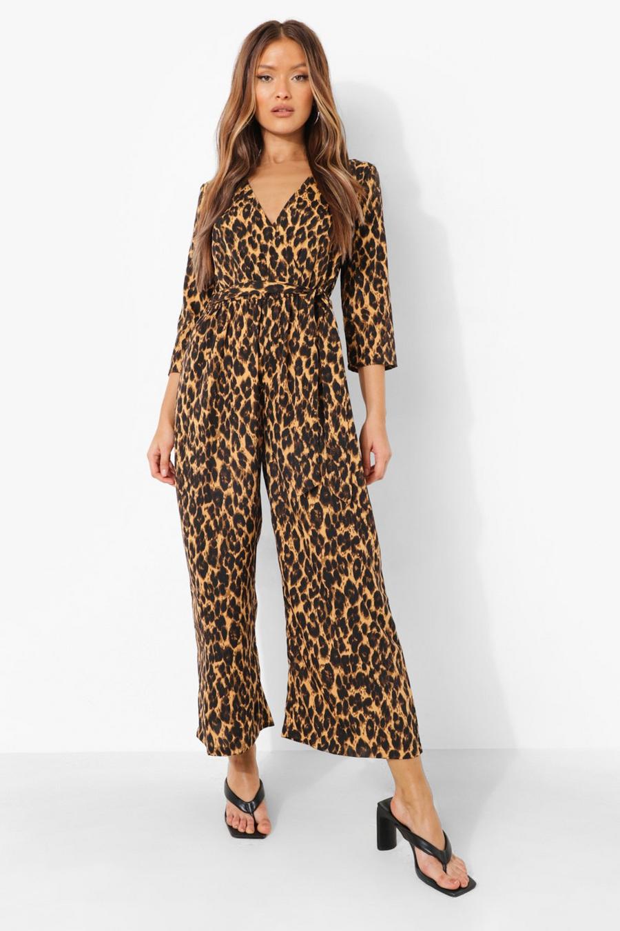 Brown Leopard Wrap Front Belted Culotte Jumpsuit image number 1