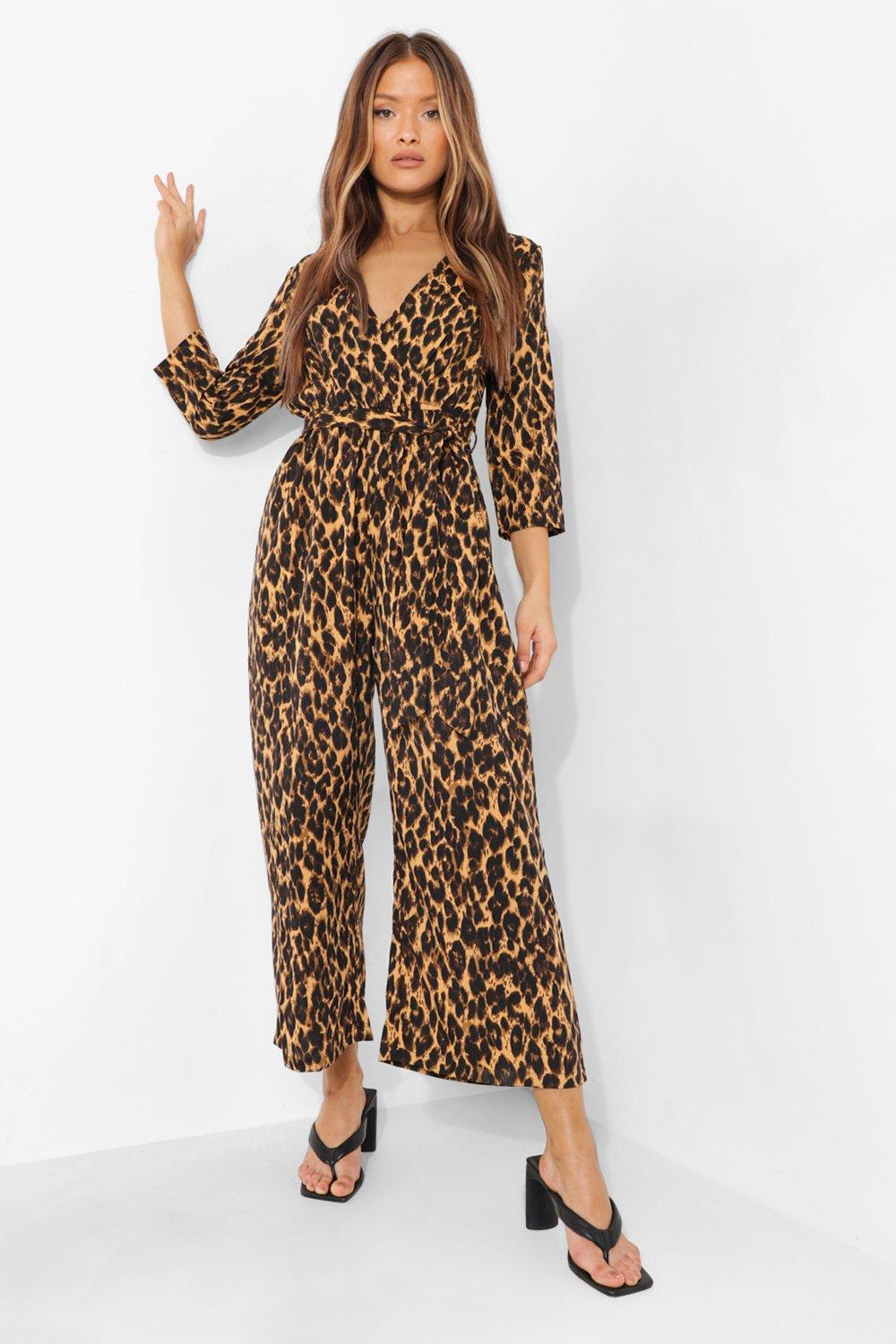 Leopard Wrap Front Belted Culotte Jumpsuit boohoo NZ