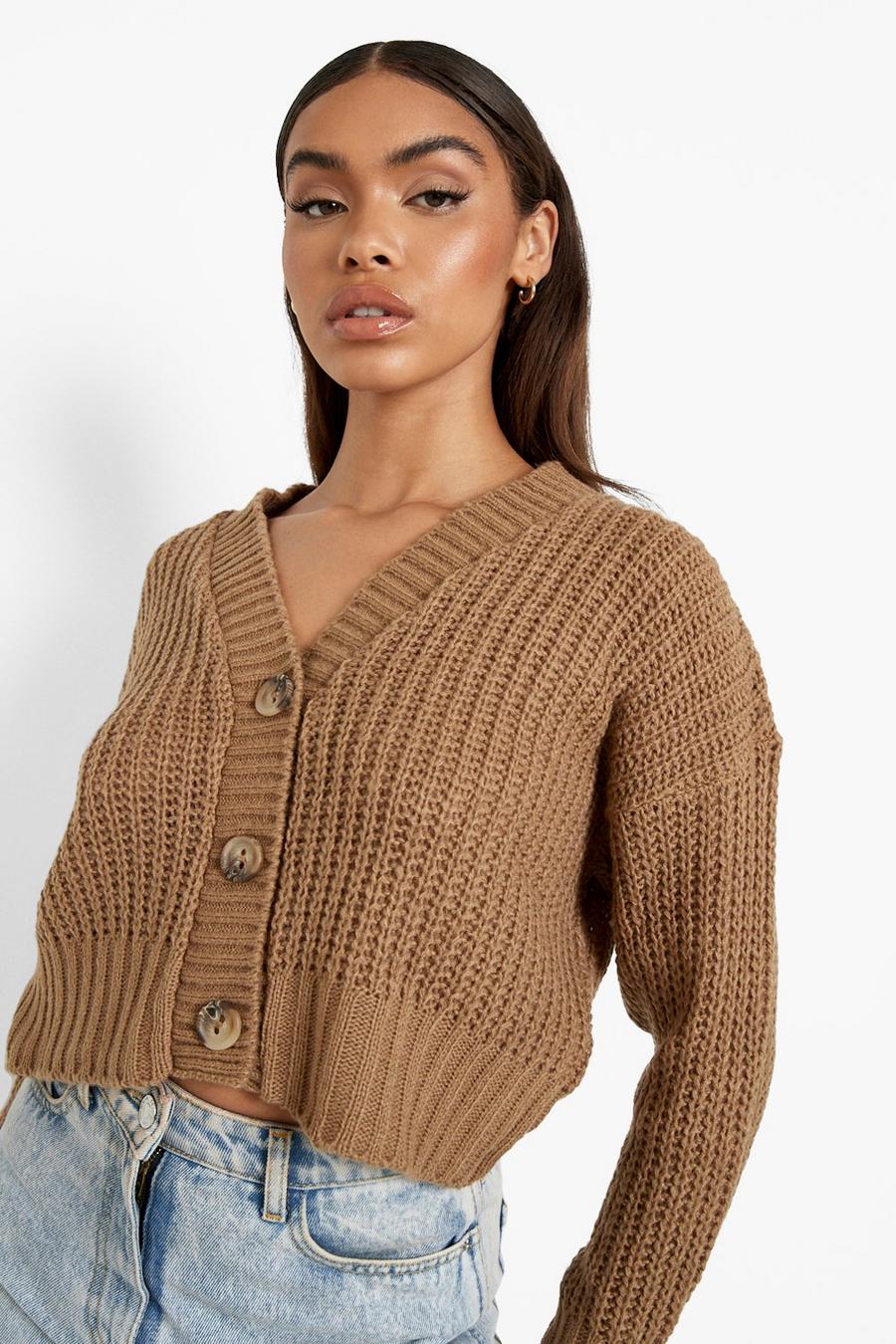 Camel Chunky Knit Crop Cardigan image number 1