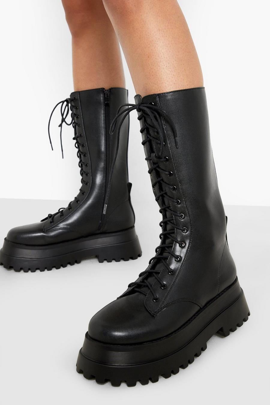 Black Knee High Chunky Sole Combat Boots image number 1