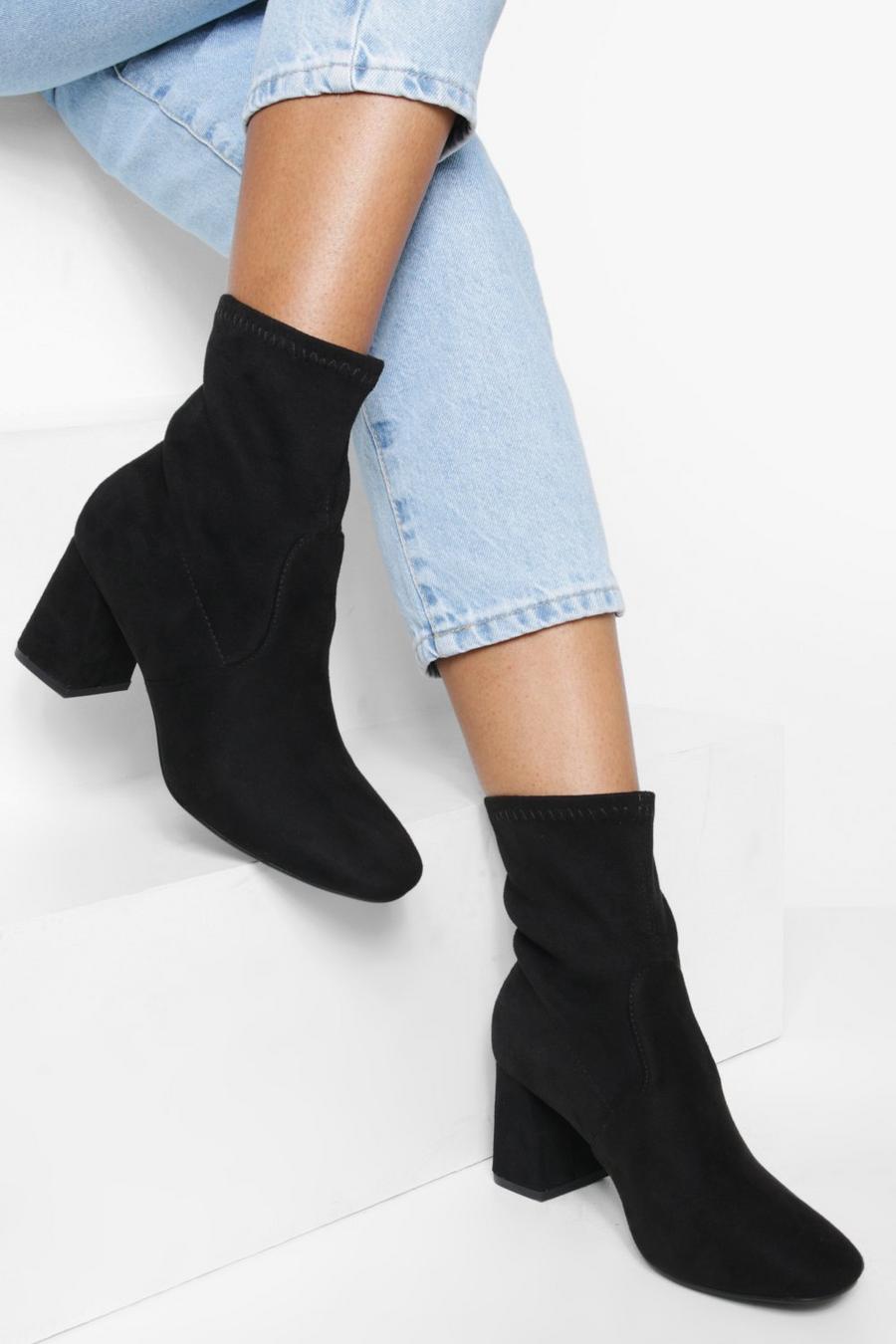 Black Flared Block Heel Sock Boots image number 1