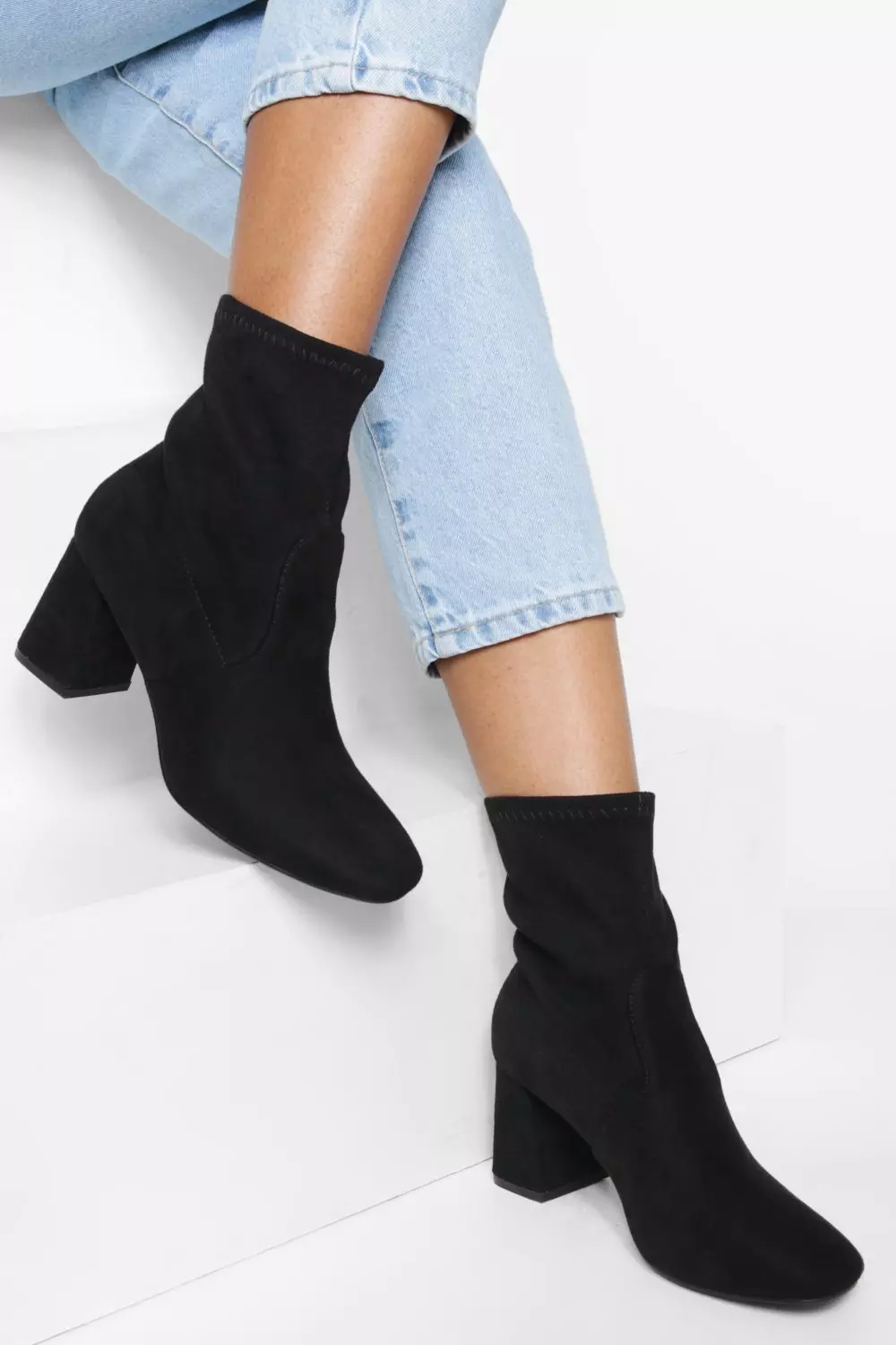 Black block heel outlet sock boot