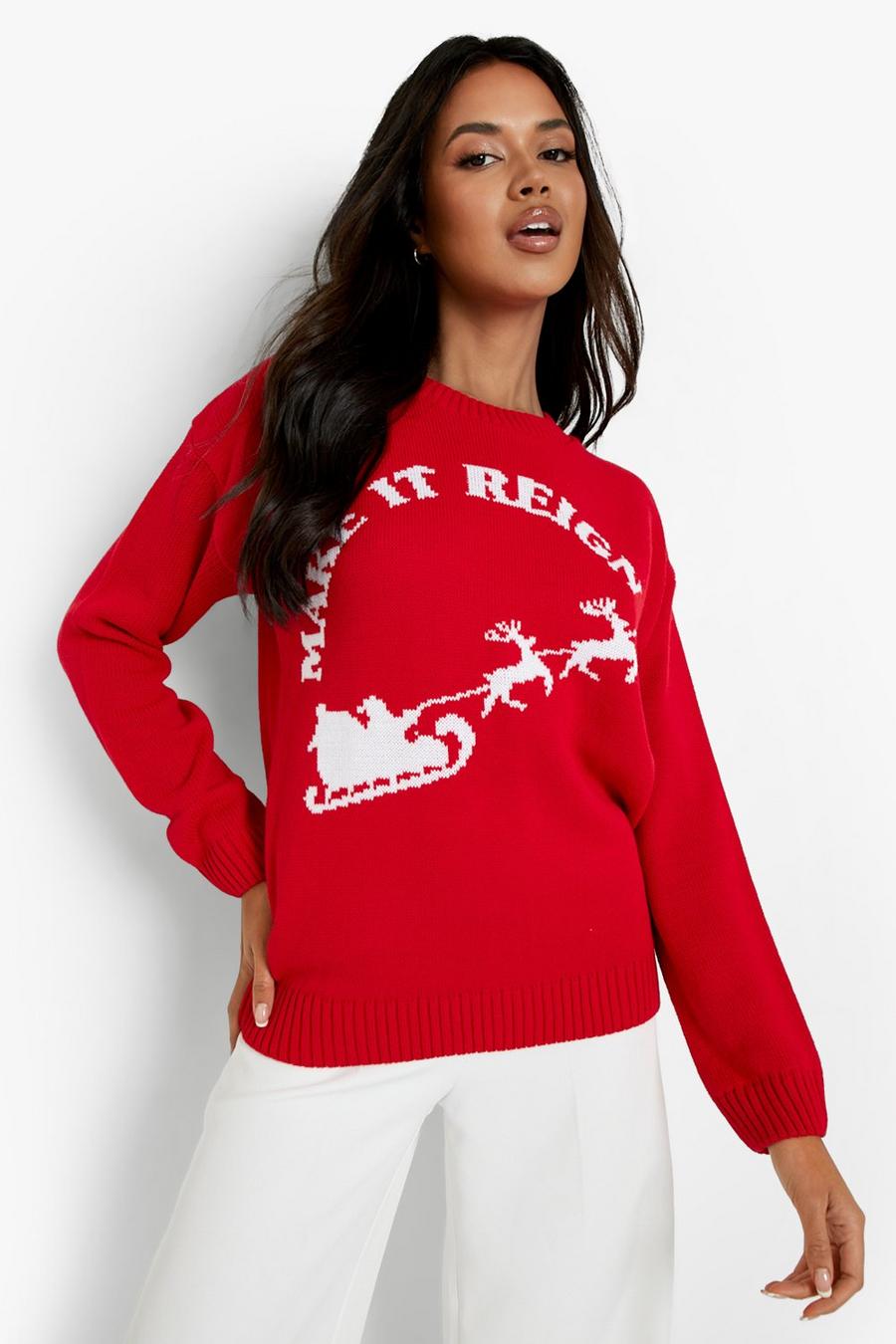 Red Make It Reign Slogan Christmas Sweater image number 1
