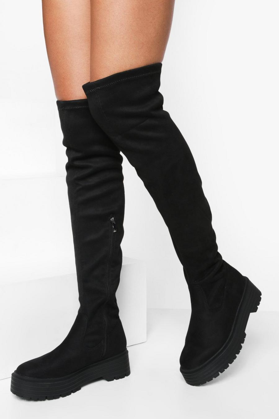 Black Chunky Sole Stretch Over The Knee Boots image number 1