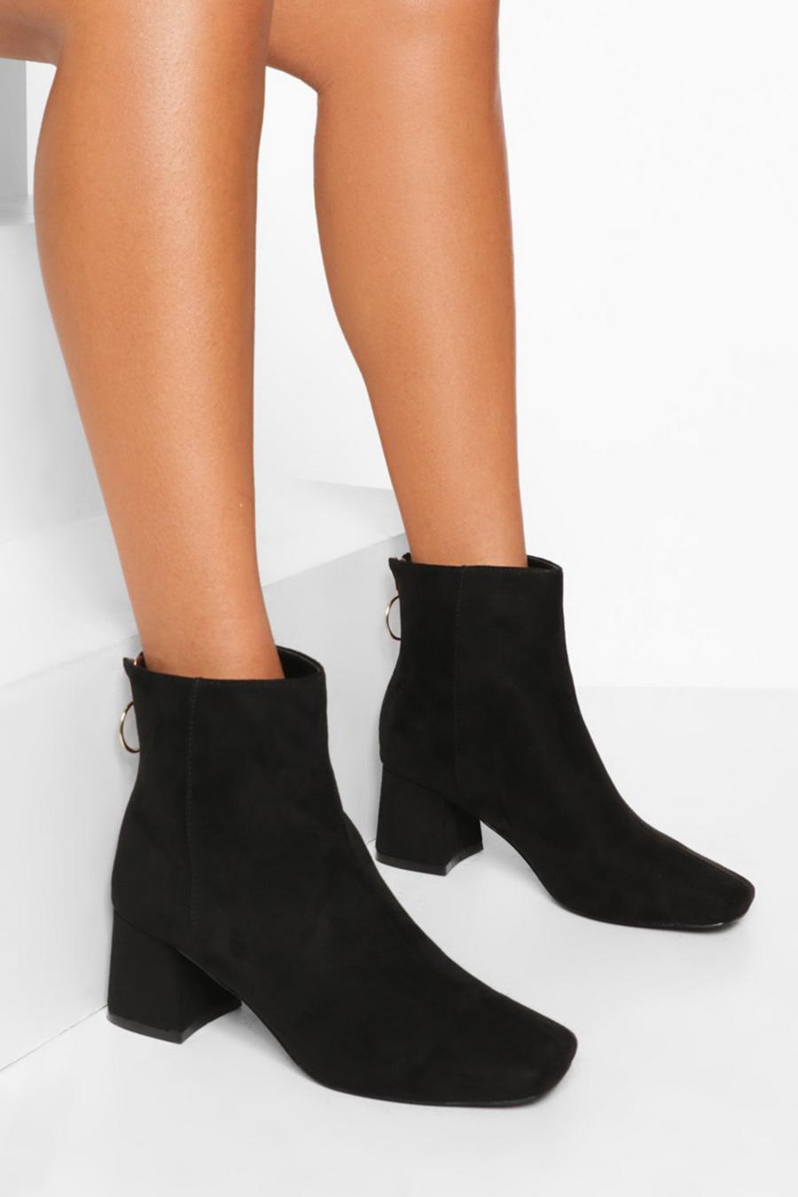 Black Wide Fit Zip Detail Low Block Heel Boots