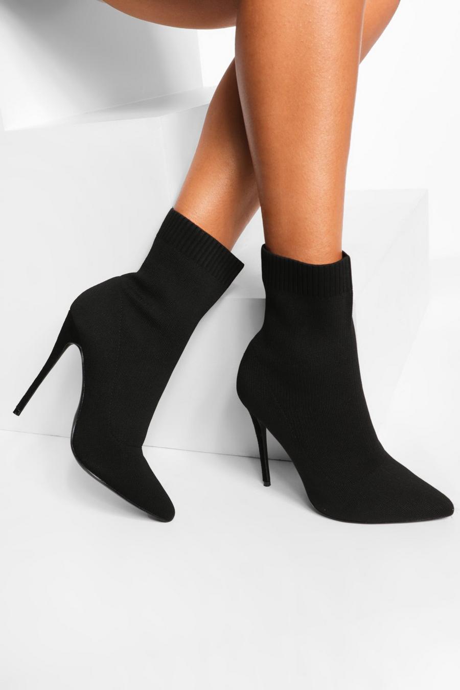 Black Knitted Stiletto Heel Sock Boots image number 1