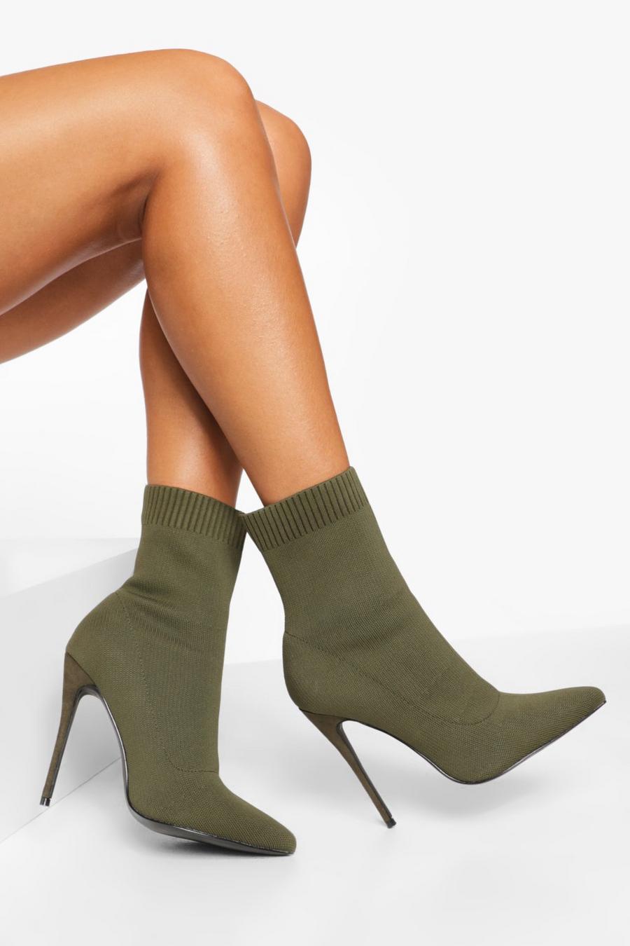 Khaki Knitted Stiletto Heel Sock Boots image number 1