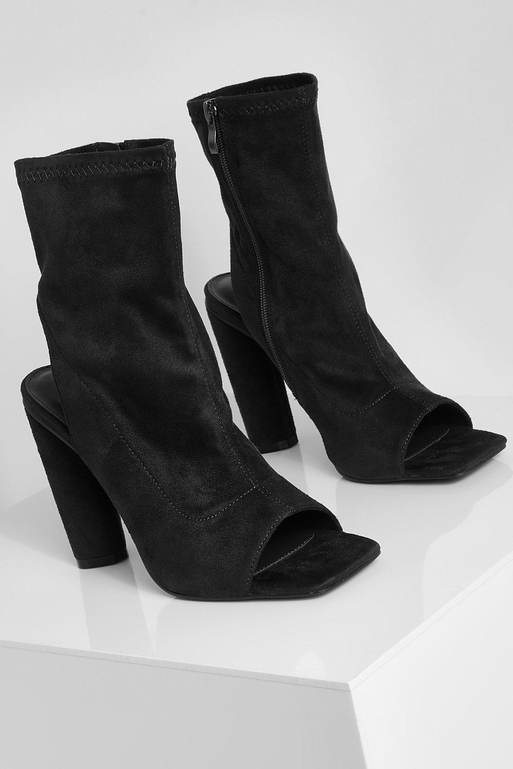 Black peep store toe sock booties