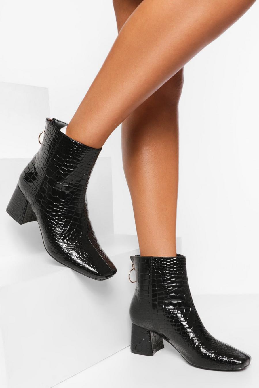 Black negro Zip Detail Low Block Heel Boots