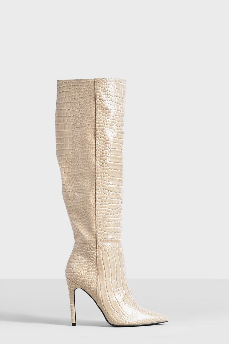Almond beige Croc Knee High Pointed Stiletto Heel Boots image number 1