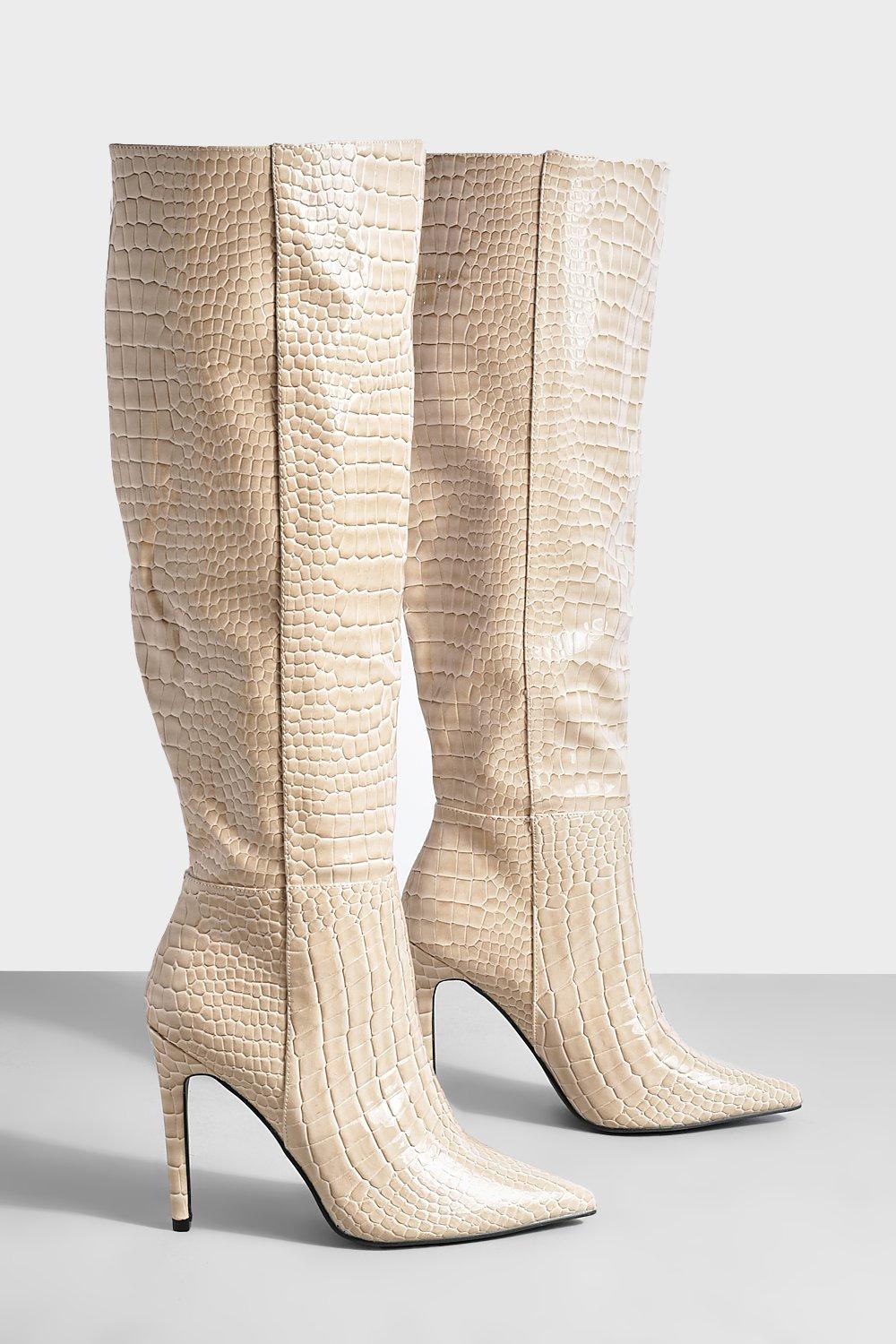 Beige croc best sale knee high boots