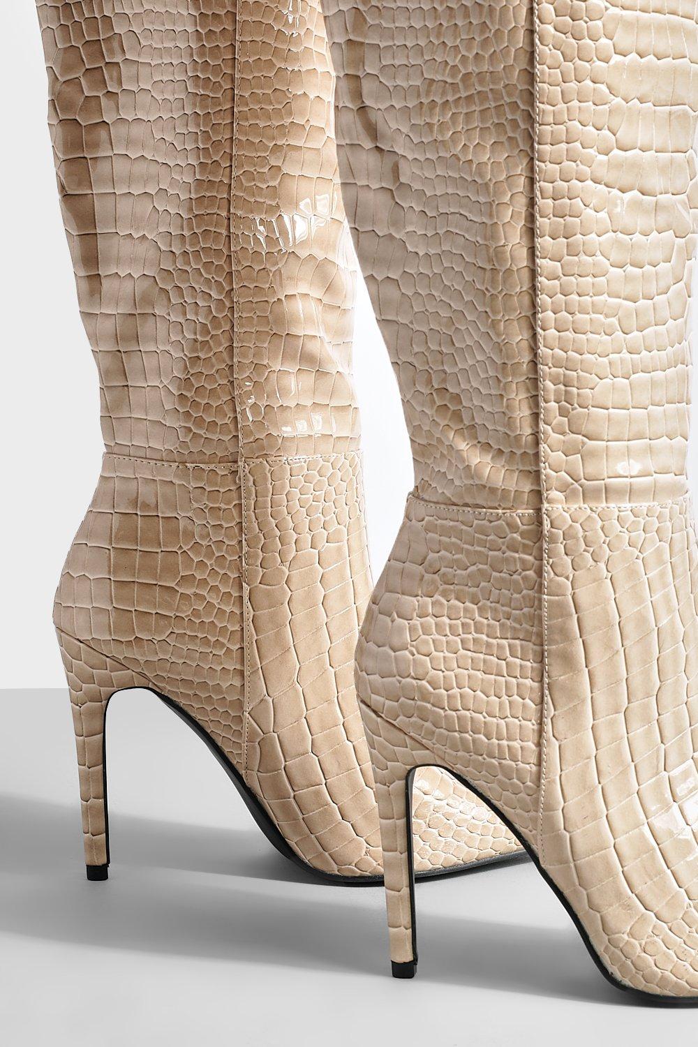 Croc Knee High Pointed Stiletto Heel Boots boohoo