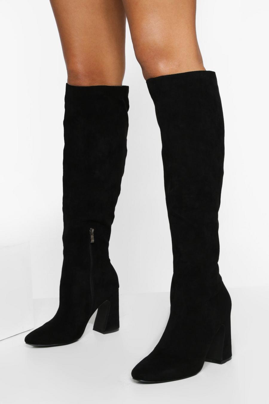 Black schwarz Flared Heel Knee High Boots image number 1