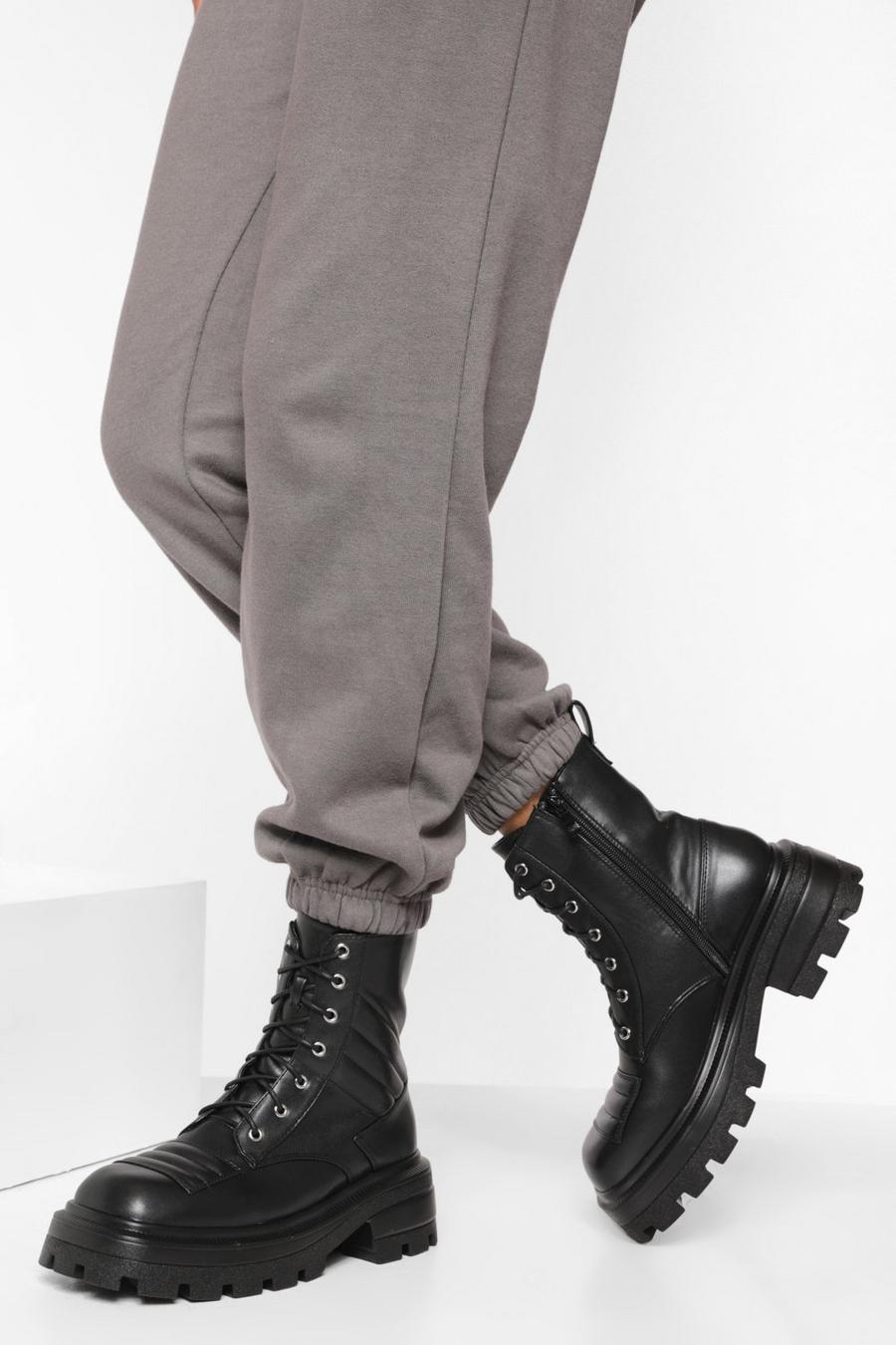Black Quilted Detail Combat Boots image number 1