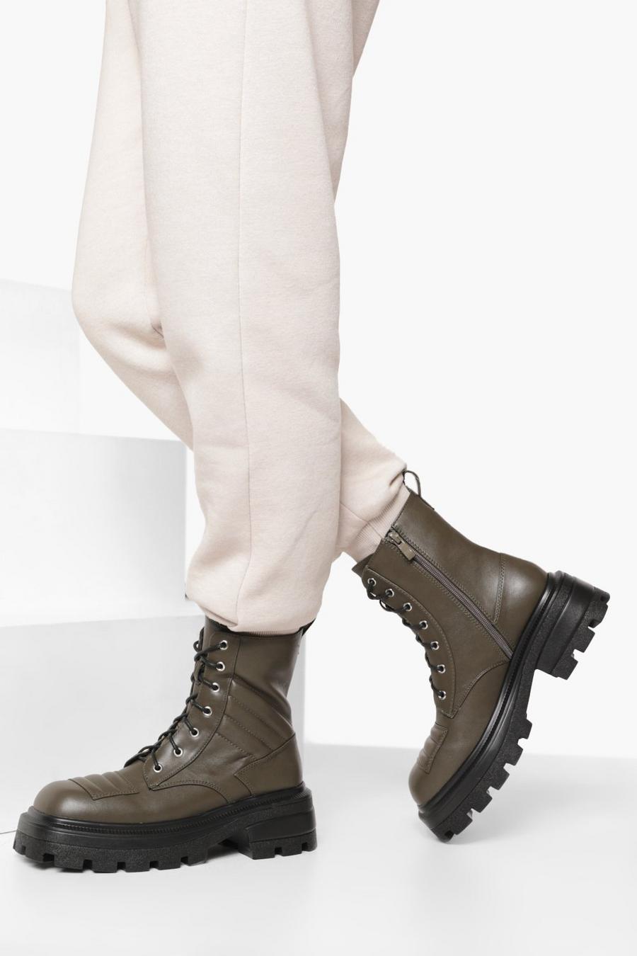 Khaki Quilted Detail Combat Boots image number 1