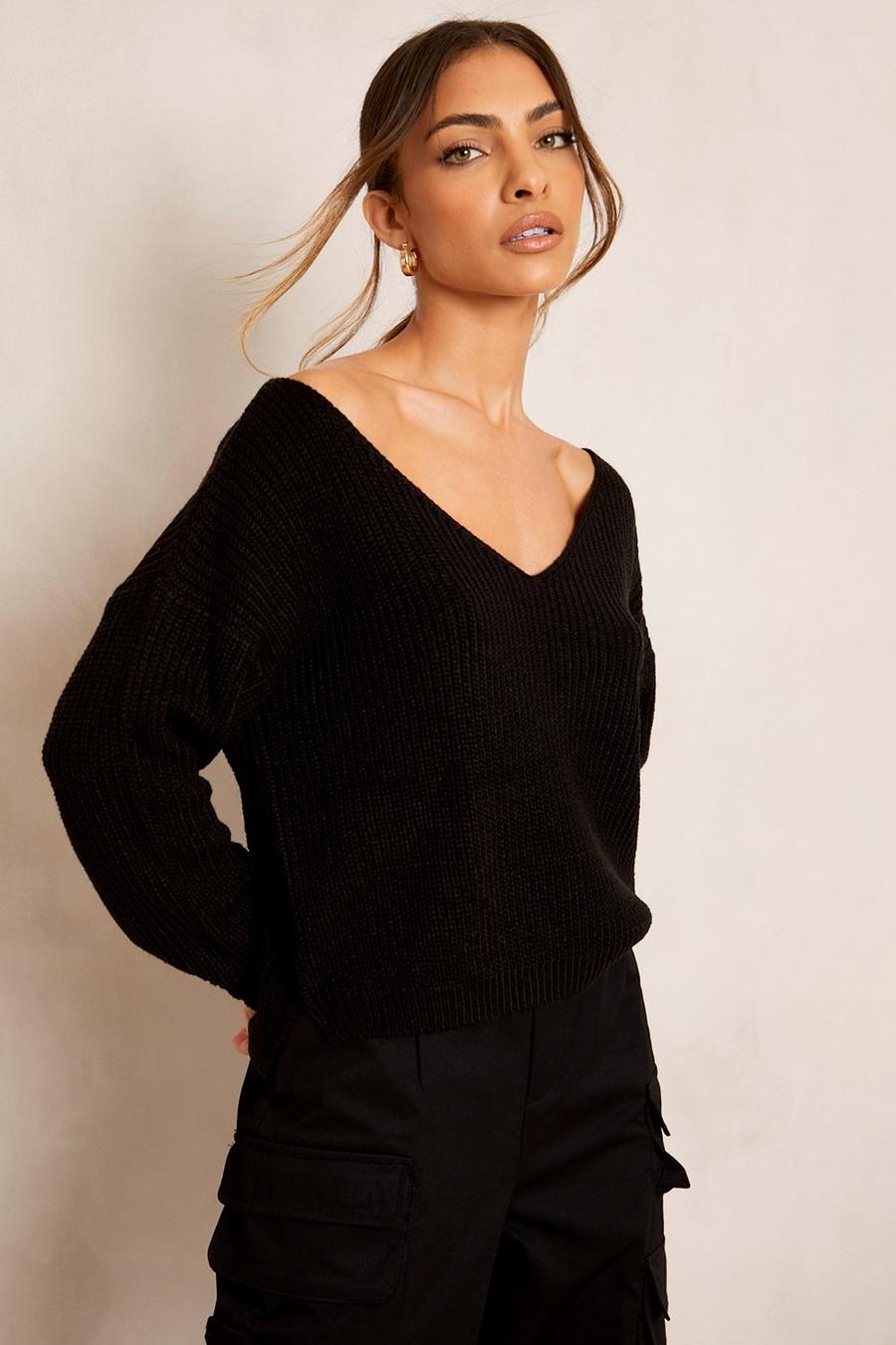 Black V Neck Crop Sweater image number 1