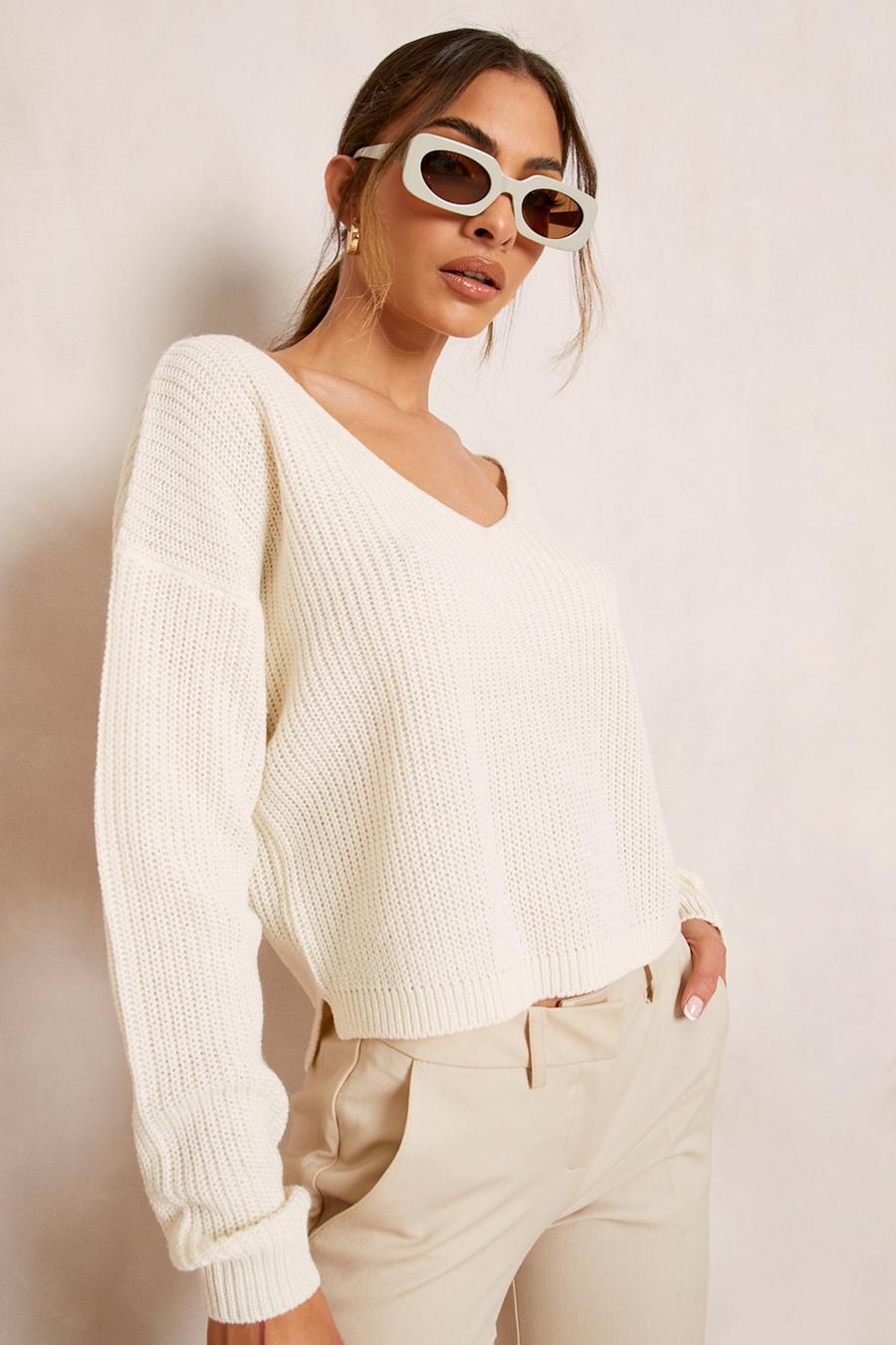 Ecru white Recycled V Neck Crop Sweater image number 1