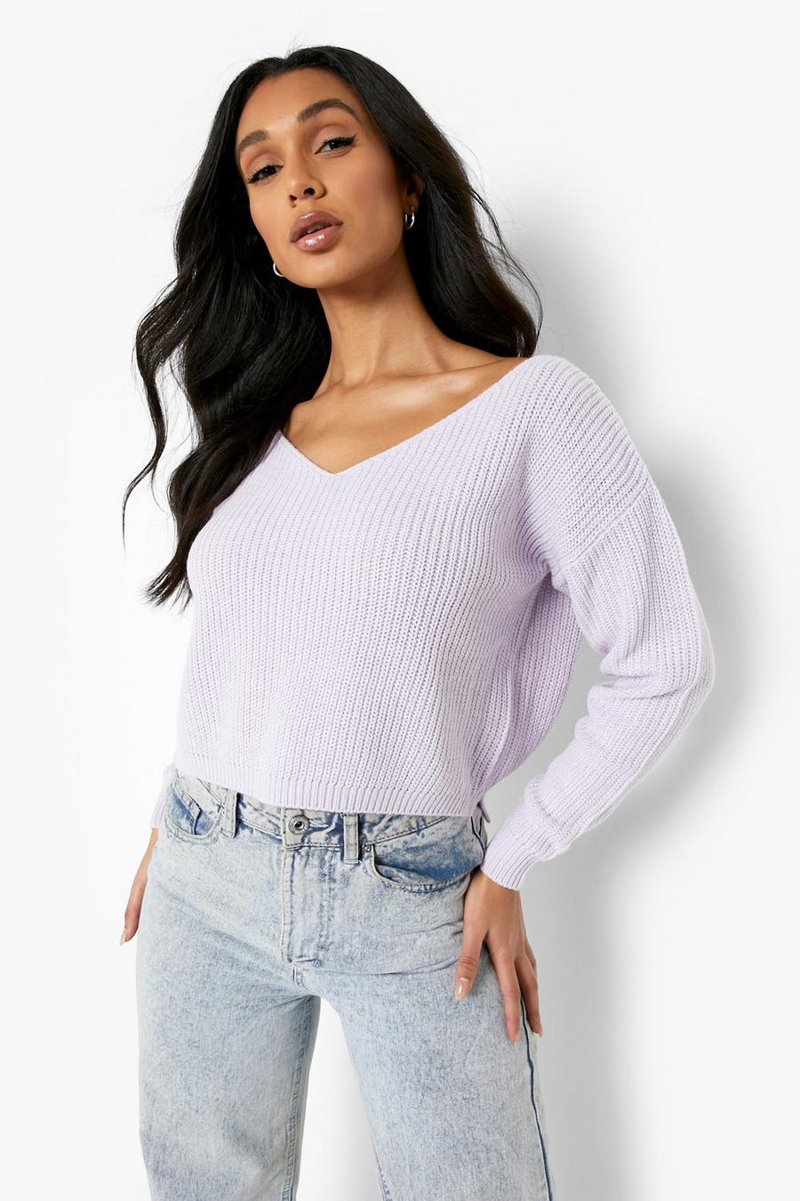 Washed lilac purple Recycled V Neck Crop Sweater image number 1