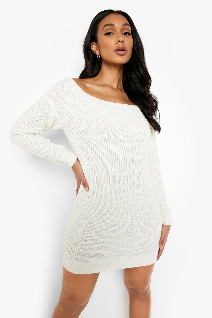 Ecru white Recycled Slash Neck Sweater Dress