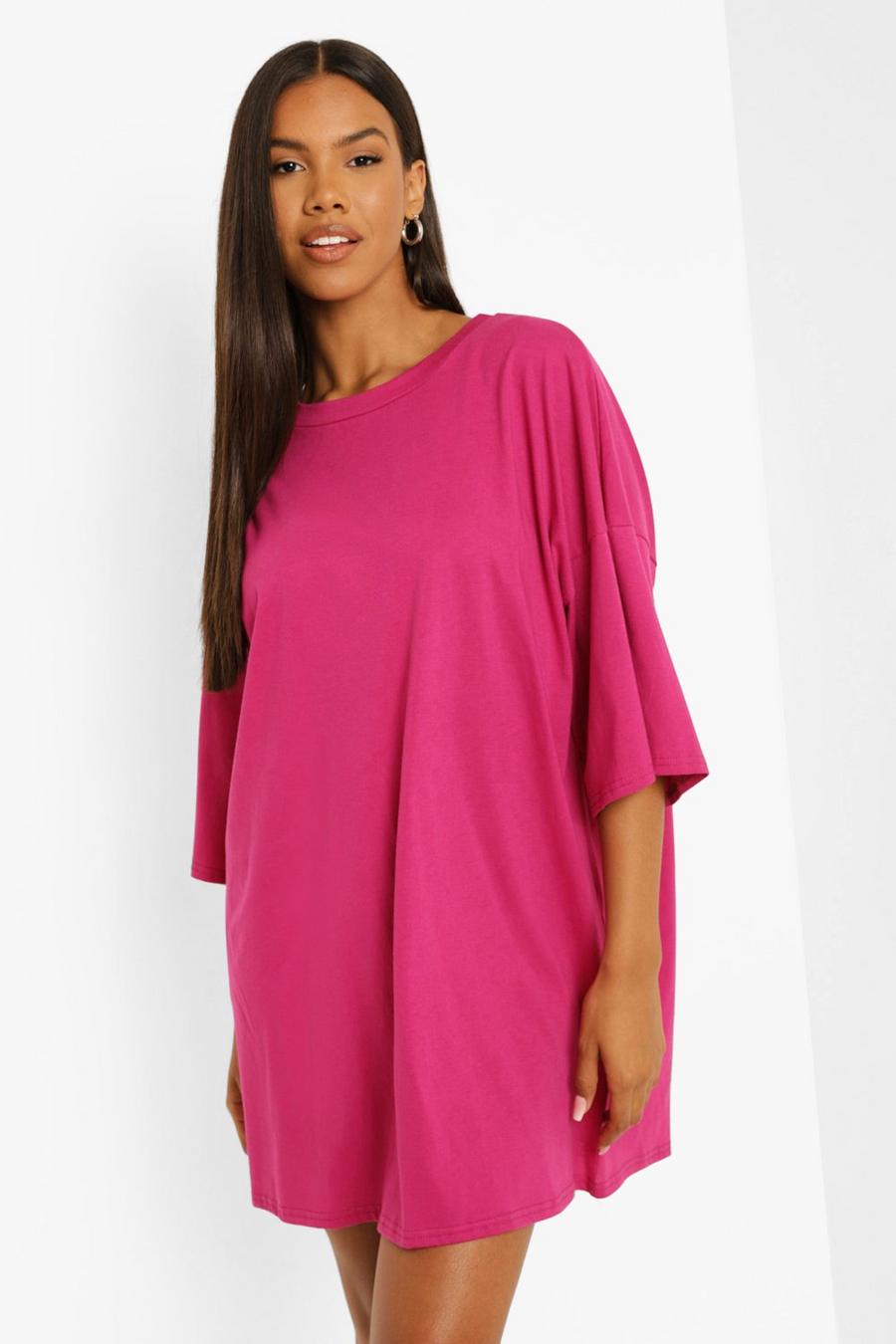Hot pink Back Butterfly Print Oversized T Shirt Dress image number 1