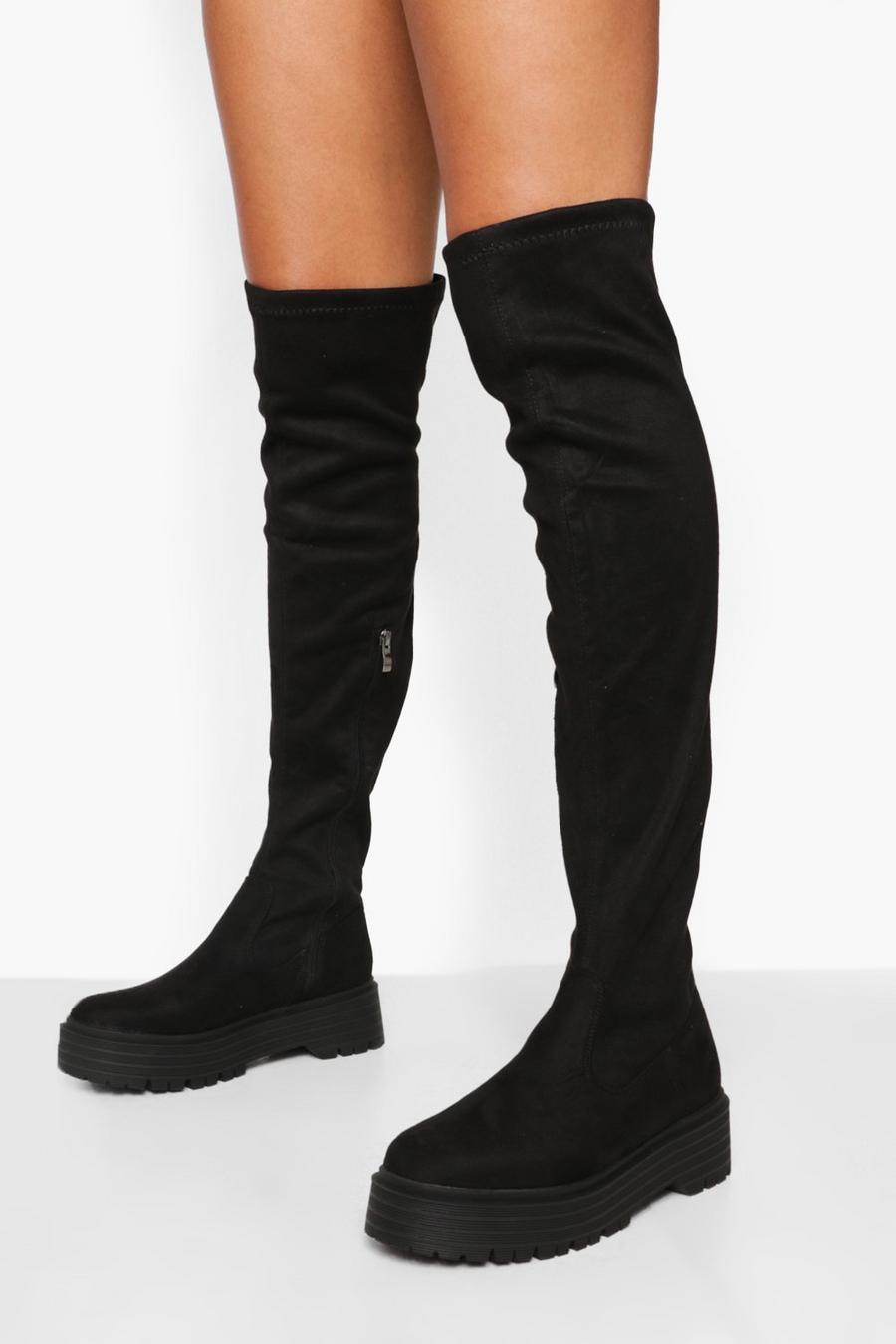 Black Wide Fit Chunky Sole Stretch Over The Knee Boots image number 1