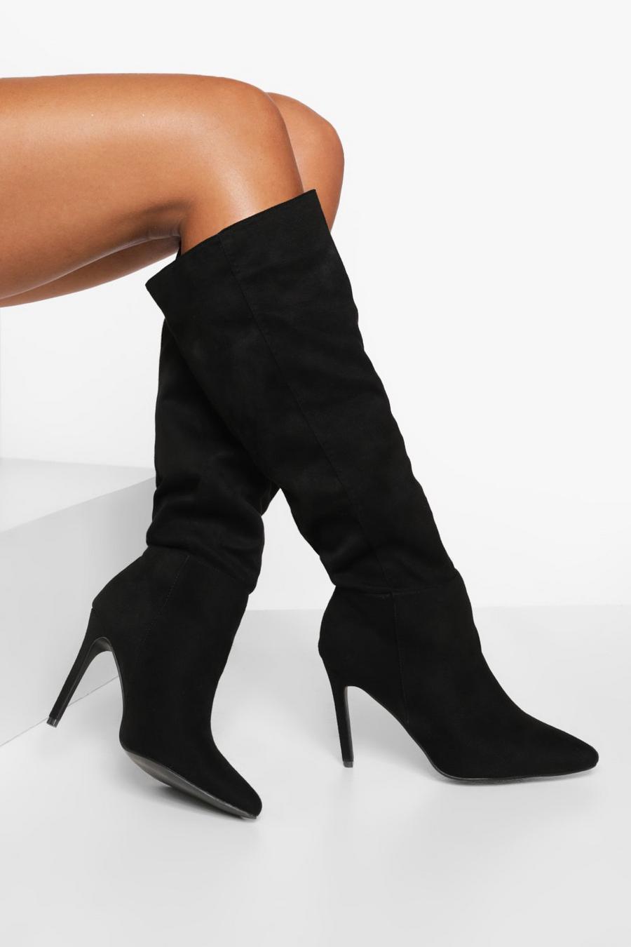 Black schwarz Wide Fit Knee High Pointed Stiletto Boots
