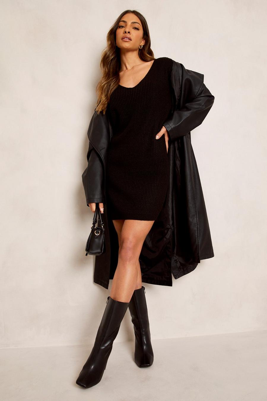  Pulloverkleid mit V-Ausschnitt, Black