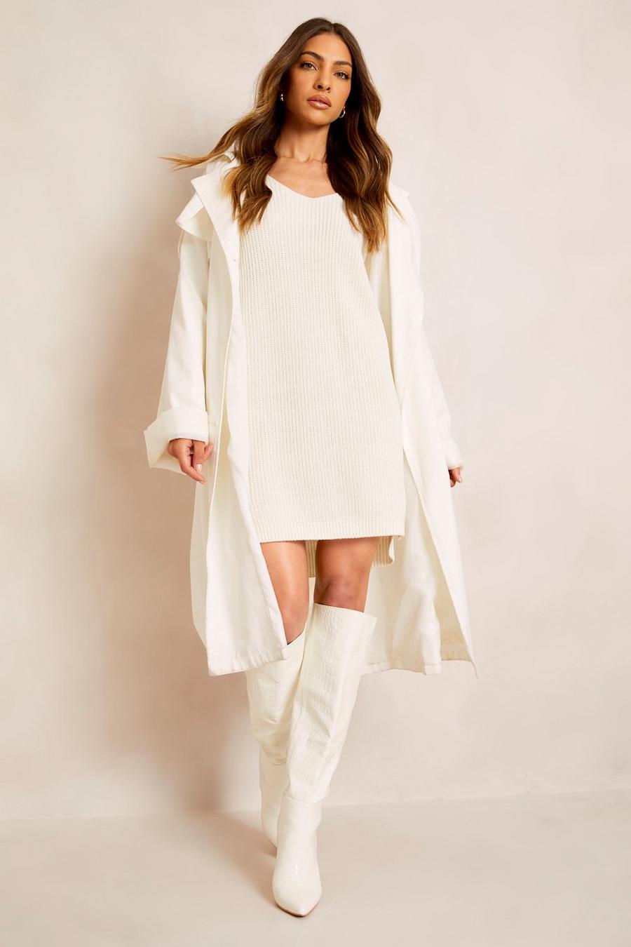 Ecru white Recycled V Neck Sweater Dress