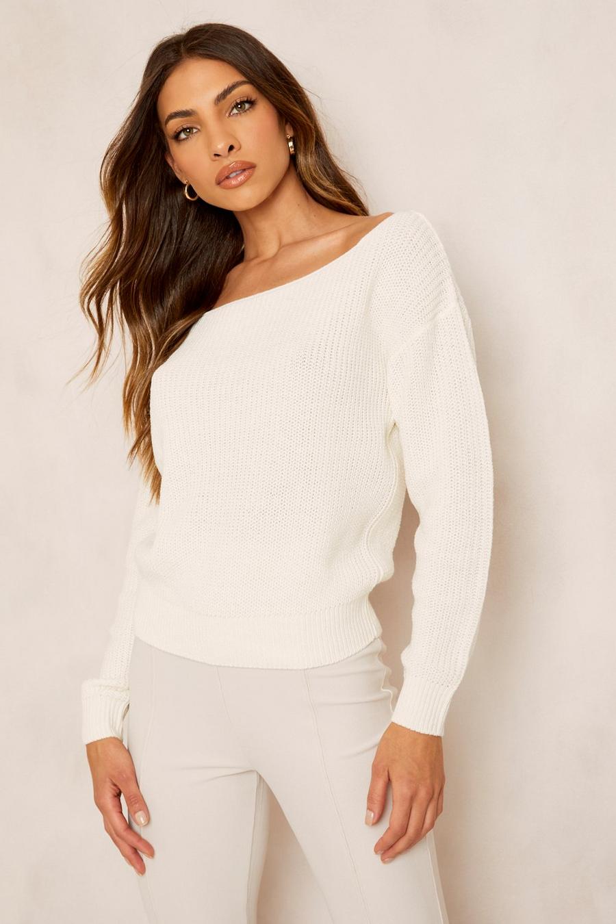 Ecru white Recycled Slash Neck Crop Sweater