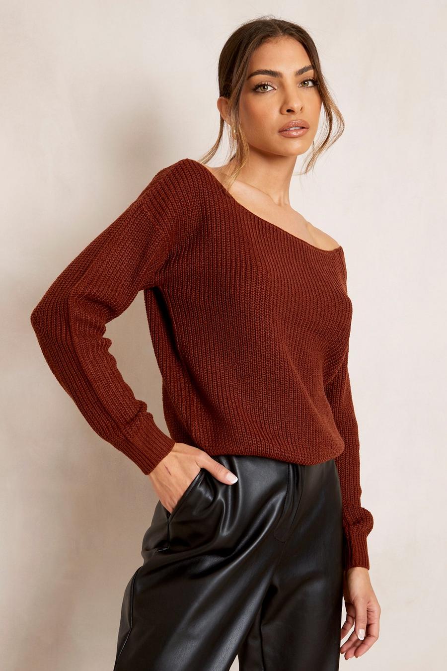 Mahogany brown Recycled Slash Neck Crop Sweater